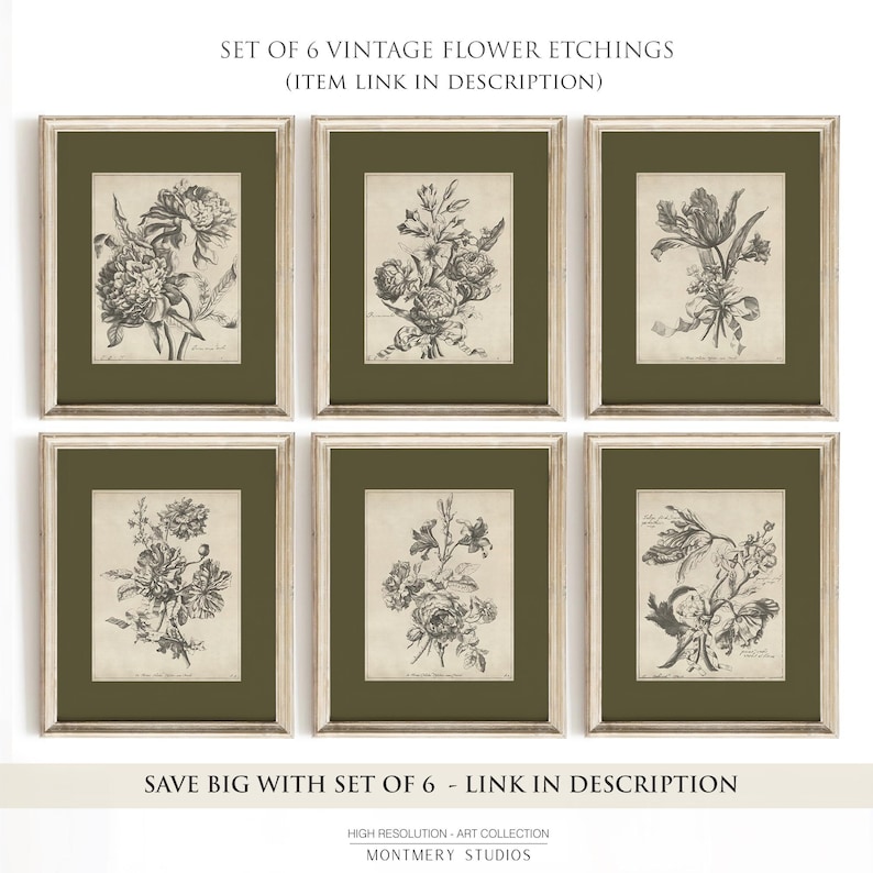 Set of two vintage-inspired flower sketches in soft sage and deep green tones, perfect for wall decor. Delicate botanical drawings with antique etching style, ideal for living room, baby nursery room, kids room, bedroom, or entryway. Classic floral artwork with hand-drawn details, dark green botanical prints for a timeless and elegant home aesthetic. Vintage wall art set, perfect for adding subtle color and natural beauty to any space.