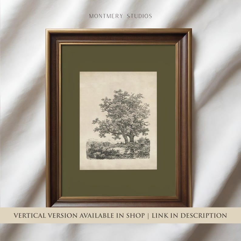 Antique tree etching, vintage forest landscape, square printable wall art with sage green mat, 19th century Dutch drawing, old oak trees by a lake, dark green nature sketch, classical tree illustration, rustic woodland decor, forest art print download, vintage-style landscape for gallery wall, Remigius Adrianus Haanen artwork, detailed tree line drawing, printable antique artwork for home decor