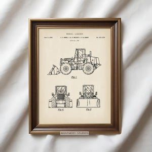 Vintage construction vehicle patent print set featuring 15 heavy equipment designs including excavator, dump truck, bulldozer, backhoe, skid steer loader, tower crane, road roller, and concrete mixer. Perfect for man cave wall art, kids room decor, or contractor gift. These high-resolution prints showcase industrial machinery blueprints and are ideal for boys room art, construction nursery, or heavy equipment collectors.