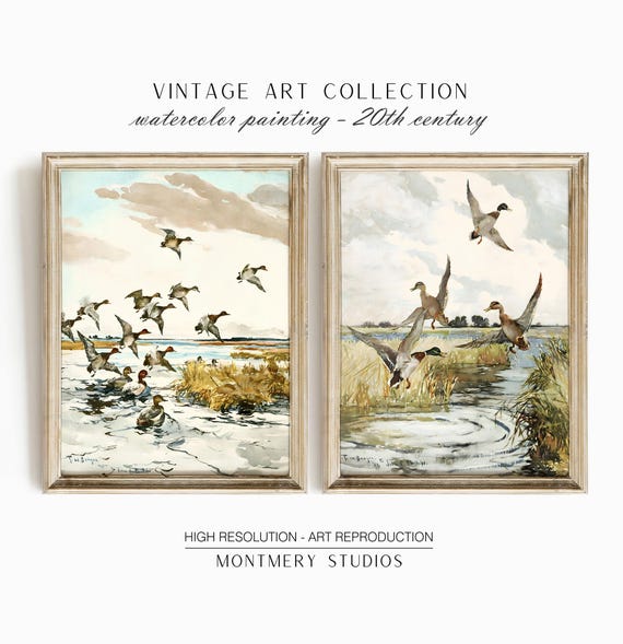Vintage Duck Art Prints, Set of 2, Rustic Farmhouse Wall Decor, Mallard and Redhead Ducks, Wildlife Gallery Wall Art, S03