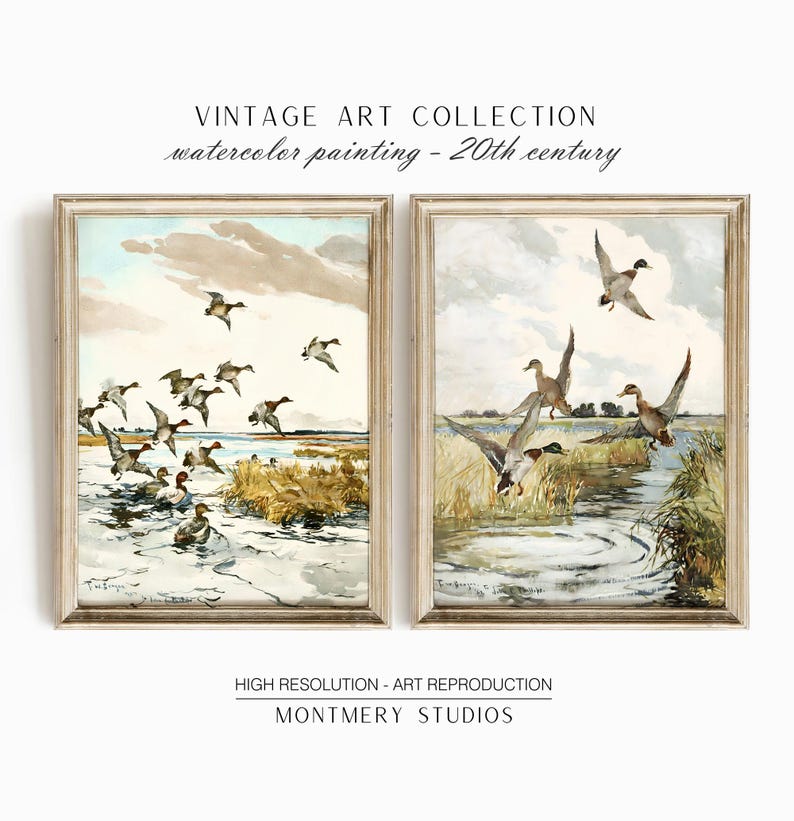Set of 2 vintage duck prints, mallard and redhead ducks in a classic painting style, rustic farmhouse wall decor, wildlife artwork, nature prints, antique duck art, prints for vintage gallery walls, country home style, gift for wildlife nature lovers