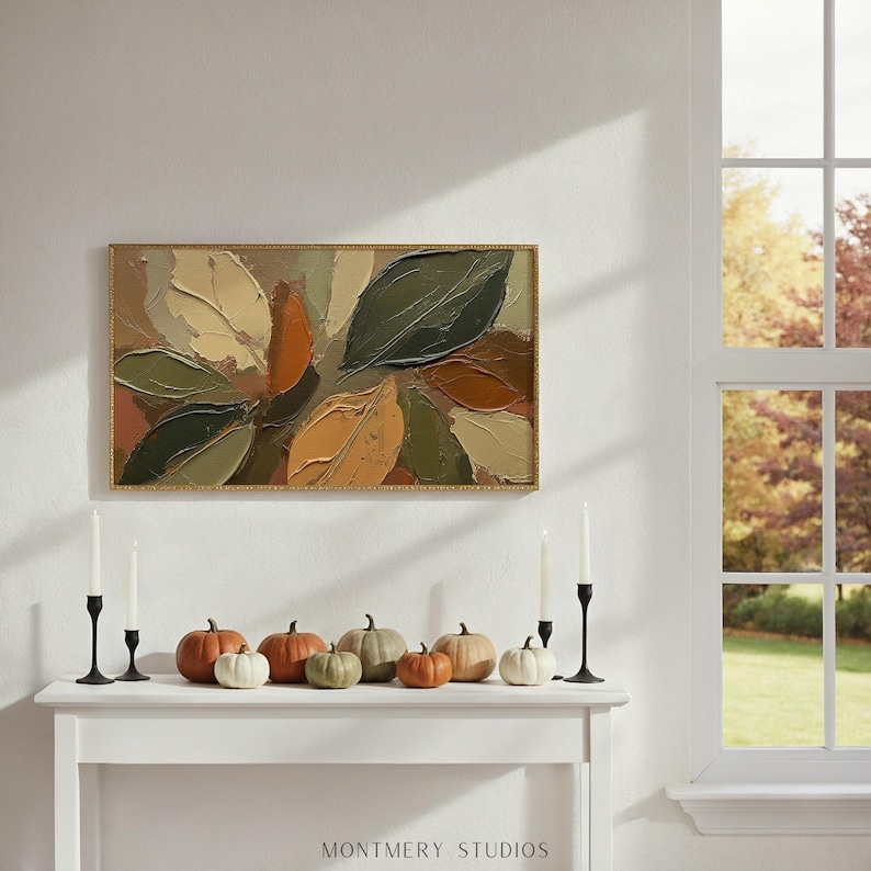 Abstract Fall Leaves TV Art featuring textured painting details in earthy brown and muted green tones. Perfect as seasonal autumn wall decor or Thanksgiving TV art, this boho autumn art creates a warm rustic ambiance for farmhouse living rooms or modern earthy interiors. A unique textured fall painting, ideal as fall frame TV art to bring cozy seasonal charm and natural beauty into your home during the autumn months.