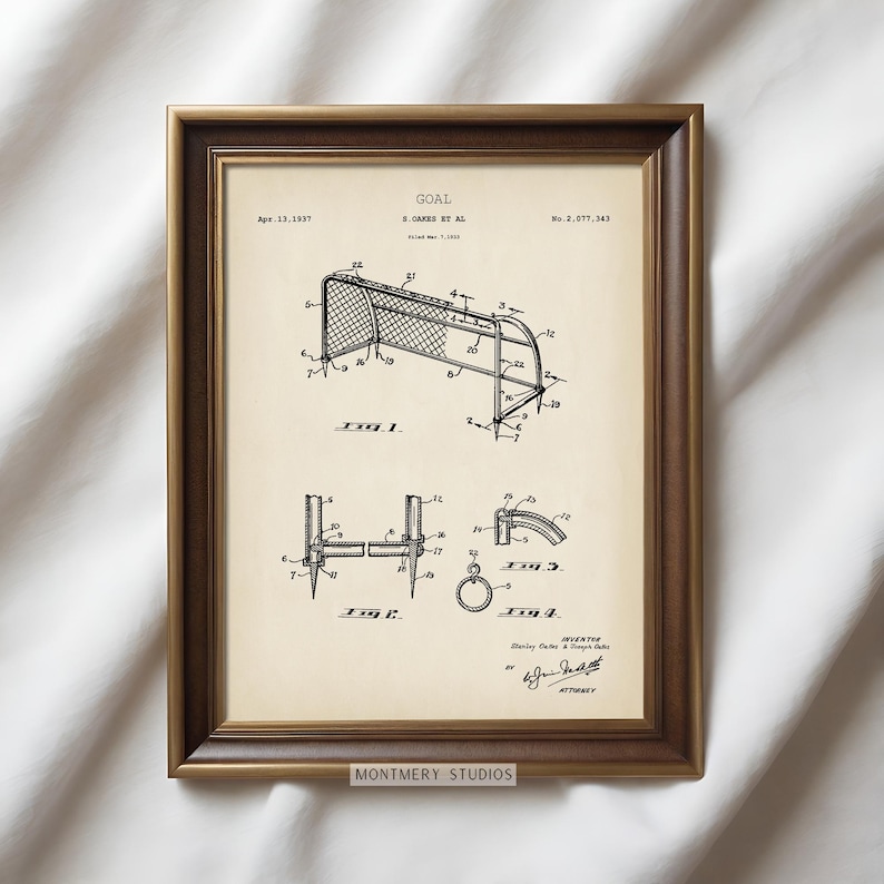A set of 15 vintage-style soccer patent prints featuring classic soccer ball designs, footwear innovations, and training gear. Ideal wall art for kids' rooms, sports nurseries, man caves, or as a thoughtful gift for young players and coaches. This unique soccer collection blends nostalgic charm with sports history, making it a perfect decor choice for fans of all ages