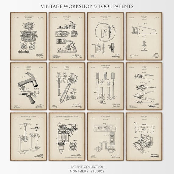 Workshop Tool Patent Prints Set, Vintage Garage Decor, Mechanic Gifts, Tools & Equipment, Father’s Day Gift, Man Cave, Carpenter Gifts, PS35