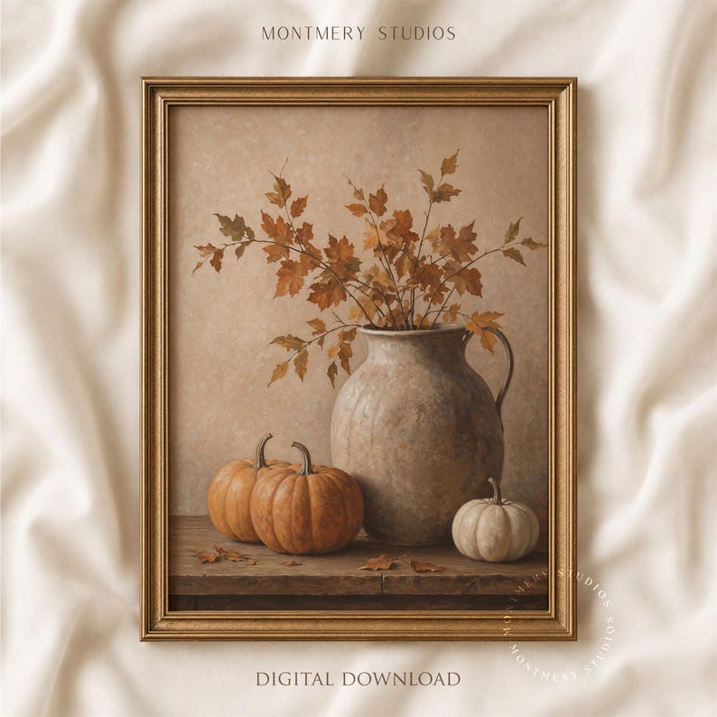 Muted pumpkin still life printable wall art, featuring orange pumpkins, a white pumpkin, rustic ceramic vase, and dried autumn leaves on a wooden table. Warm neutral fall painting for farmhouse decor, Thanksgiving wall art, fall kitchen print, mantel styling, rustic autumn decor, and cozy seasonal home decor.
