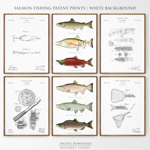 May include: A collection of framed art prints featuring salmon and fishing-related patent illustrations. The prints include detailed drawings of fishing lures, reels, and nets, with a white background and brown frames. The text "Salmon Fishing Patent Prints" is at the top.