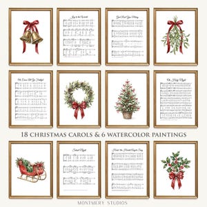 May include: A collection of 18 Christmas carol sheet music prints and 6 watercolor paintings featuring gold bells, mistletoe, a wreath, a Christmas tree, a sleigh, and holly, all framed in gold, with the text 18 CHRISTMAS CAROLS & 6 WATERCOLOR PAINTINGS.