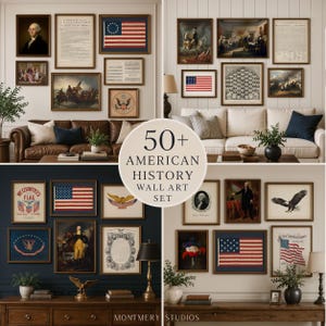 May include: A collection of over 50 American history wall art prints featuring historical documents, portraits of figures, eagle illustrations, and various iterations of the United States flag, all presented in a variety of frames and styles.