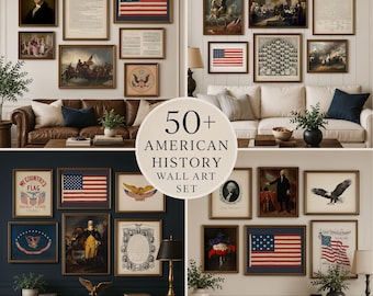 Op de afbeelding: Een collectie van meer dan 50 muurkunstprints over de Amerikaanse geschiedenis, met historische documenten, portretten van figuren, adelaarillustraties en diverse versies van de vlag van de Verenigde Staten, gepresenteerd in verschillende lijsten.