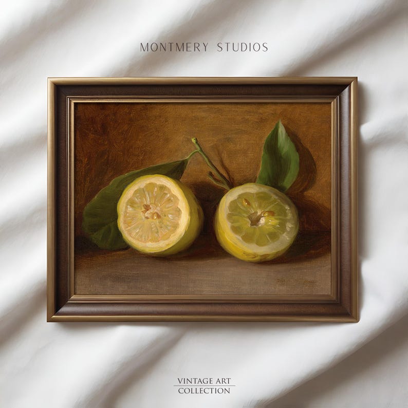 Lemons still life art print, vintage citrus painting, rustic kitchen fruit decor, classic still life artwork, country farmhouse wall art, yellow lemon print for dining room, traditional fruit painting, kitchen citrus wall decor, antique-style still life, elegant lemon artwork for home, timeless fruit illustration, rustic country kitchen print, cozy farmhouse lemon decor, still life citrus composition, vintage-inspired fruit wall art, classic kitchen painting with lemons.