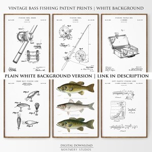 Set of 6 Bass Fishing patent prints, featuring Largemouth, Smallmouth, and Striped Bass. Includes vintage fishing lure, fishing reel, and tackle box designs. Ideal for fishing enthusiasts, anglers, and man cave decor. Perfect for lake house walls or as a unique fishing gift. Detailed, vintage illustrations capture the essence of freshwater fishing and North American game fish. High-quality fishing art prints, perfect for home or office decor.