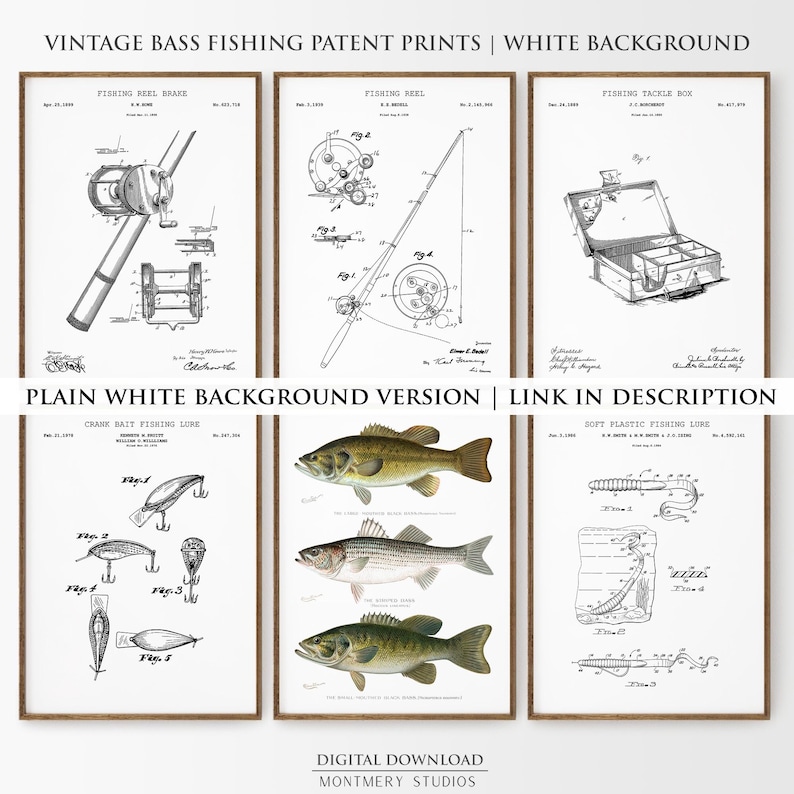 Set of 6 Bass Fishing patent prints, featuring Largemouth, Smallmouth, and Striped Bass. Includes vintage fishing lure, fishing reel, and tackle box designs. Ideal for fishing enthusiasts, anglers, and man cave decor. Perfect for lake house walls or as a unique fishing gift. Detailed, vintage illustrations capture the essence of freshwater fishing and North American game fish. High-quality fishing art prints, perfect for home or office decor.