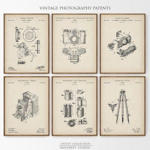 Set of 12 vintage photography patent prints featuring classic camera designs, Polaroid patent art, tripod, flash, lens, and film cartridge illustrations. Perfect wall art for photographers, photography studios, camera collectors, or office decor. Ideal gift for photography lovers, film enthusiasts, or vintage blueprint print collectors. Great for gallery walls, creative spaces, and retro home decor themes.