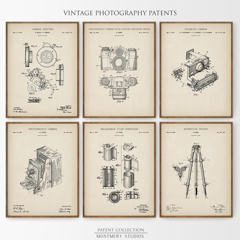 Set of 12 vintage photography patent prints featuring classic camera designs, Polaroid patent art, tripod, flash, lens, and film cartridge illustrations. Perfect wall art for photographers, photography studios, camera collectors, or office decor. Ideal gift for photography lovers, film enthusiasts, or vintage blueprint print collectors. Great for gallery walls, creative spaces, and retro home decor themes.