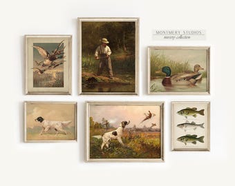 Vintage Hunting Nursery Wall Art Set, Fishing Boy Print, Bass, Trout, Mallard Duck Print, Hunting Dog & Pheasant Art, Boys Room Decor, S051