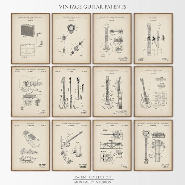Guitar Patent Prints 12, Vintage Guitar Prints, Guitarist Gifts, Electric, Acoustic, Bass Guitar, Musician Gift, Studio Wall Art Decor, PS25