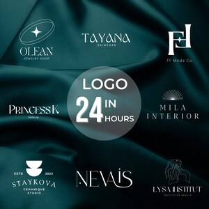 Könnte beinhalten: Eine Collage von Logos für verschiedene Unternehmen, darunter Olean Schmuck Shop, Princessk Make-up, Staykova Keramik Studio, Tayana Hautpflege, FF Moda Co., Mila Interior, Nevais und Lysa Institut. Der Text "LOGO 24 IN HOURS" befindet sich in der Mitte des Bildes.