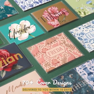May include: A collection of rectangular personalized cards featuring various graphic designs including floral patterns, blue and white pottery motifs, dinosaur illustrations, and names such as Bonnie, Tiffany, Ursula, Hazel, Freda, Vivian, and Joanne.