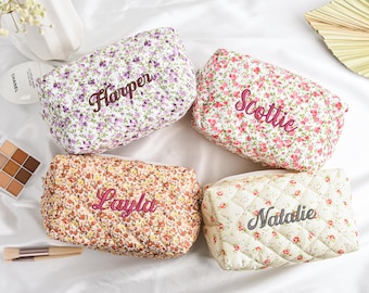 Personalized Floral Embroidered Makeup Bag, Large Capacity Cosmetic Bag, Bridesmaid Gifts, Mothers Day Gift, Makeup Organizer