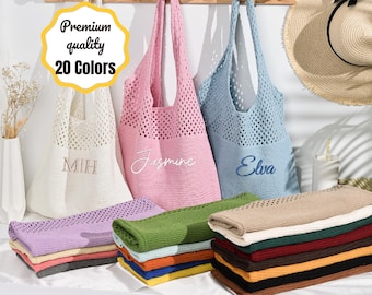 Sac au crochet personnalisé, sac fourre-tout de plage, sacs brodés, cadeaux d'anniversaire, cadeau pour femme, sac en tricot, sac d'été, sac de demoiselle d'honneur