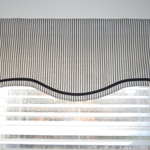 Modern Farmhouse Style Black and Cream Striped Ticking Scalloped Lined Valance With Black Trim or No Trim Made To Your Width