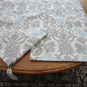 Modern Farmhouse Waverly Anika in Spa Floral Damask Blue Grey Off White Tablerunner Linens