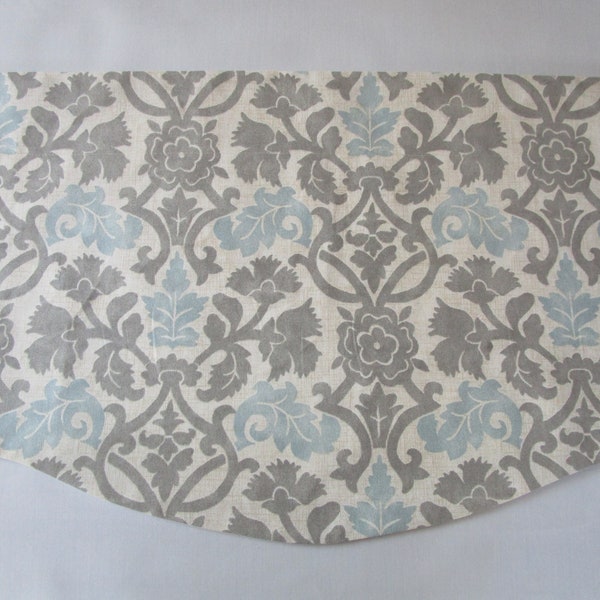 Modern Farmhouse Waverly Floral Damask Blue Grey Off White Scalloped Lined Valance With Choice of Trim Color or No Trim Made to Your Width