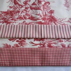 Red on Cream Toile Lined Valance with Choice Either Gingham or Ticking Trim Straight Bottom
