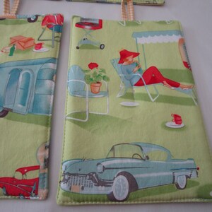 Set of Two Michael Miller Trailer Travel Vintage Camping  Insul-Bright Inside Yellow Gingham Loop Potholders