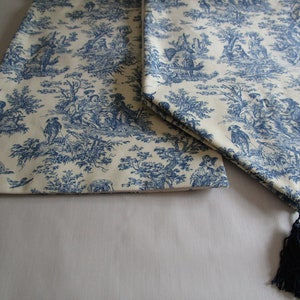 53&quot; 72&quot; or 86&quot; Waverly Charmed Life Toile Blue Lined Tablerunner With Points and Tassels or Square Ends