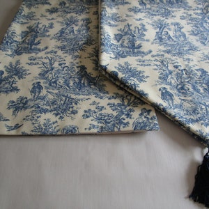 53" 72" or 86" Waverly Charmed Life Toile Blue Lined Tablerunner With Points and Tassels or Square Ends