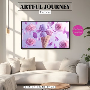 Peut inclure: Un cornet de glace violet et blanc avec trois boules de glace, entouré de pétales de fleurs roses, sur un fond violet clair.