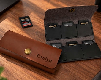 Étui en cuir personnalisé pour carte SD, étui pour carte mémoire d'appareil photo sur mesure, portefeuille pour carte mémoire fait main, cadeau pour photographe, accessoires pour reflex numériques