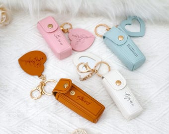Personalized Lipstick Bag Keychain,Birthday flower lipstick bag,Custom Leather Lip Balm Bag,Lipstick Case with Mirror,Wedding Gift,Keychain.