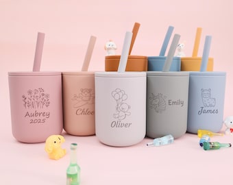 Personalized toddler sippy cups, silicone baby cups, spill-proof straw training cups, custom toddler training cups, 1st birthday gifts