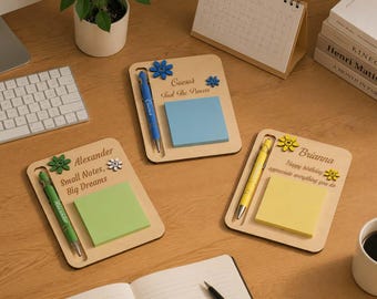 Personalized Wooden Sticky Note Holder With Pen, Inspirational Office Gift, Teacher Appreciation Gift, Back to School, Gifts for Colleagues