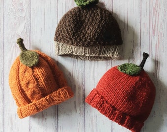 Knitting Patterns - Fall Baby Beanie Collection, Apple, Pumpkin and Acorn Knit Hats, Worsted Weight