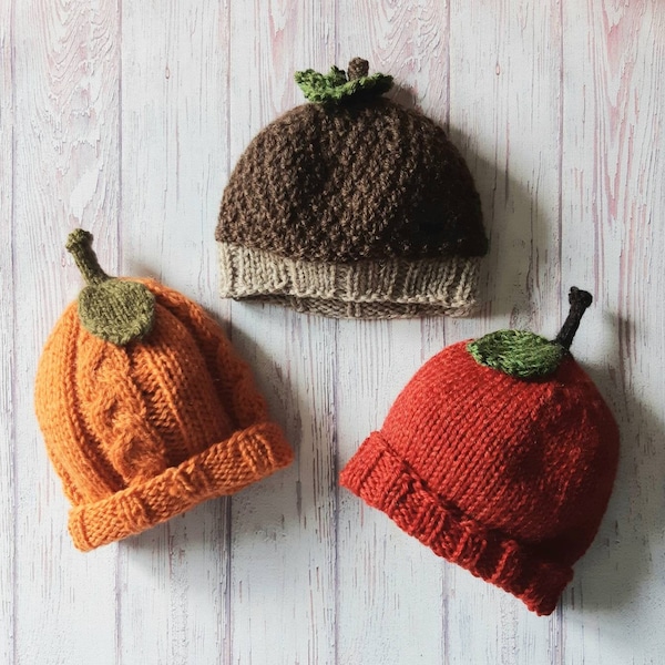 Knitting Patterns - Fall Baby Beanie Collection, Apple, Pumpkin and Acorn Knit Hats, Worsted Weight