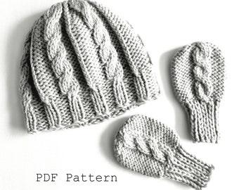 Knitting Pattern - Wool Baby Cable Beanie and Matching Mittens, 0-3 years, Instant Download PDF