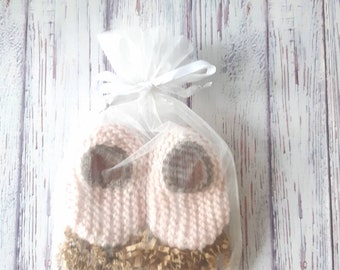 Wool Baby Slippers - Pale Pink with Brown, Wool Baby Slippers, Crib Shoes, Booties