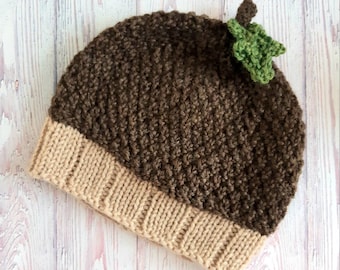 Knitting Pattern - Wool Baby Acorn Hat,3 Sizes: Newborn 0-6 months, Baby 6-12 months, Toddler 1-3 years, Instant download