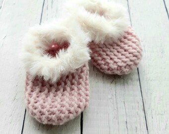 Baby Pink Faux Fur Rimmed Wool Slippers, Booties, Crib Shoes,