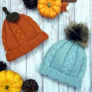 May include: Two knitted hats, one orange with a pumpkin stem and the other light blue with a brown fur pom-pom. Both hats have a cable knit pattern.
