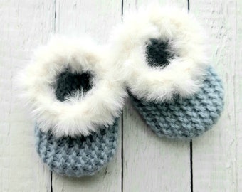 Baby Faux Fur Rimmed Wool Slippers, Blue Booties, Crib Shoes,