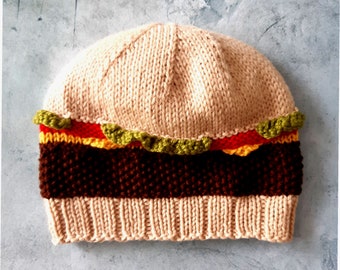 Knitting Pattern - Hamburger Hat, 6 Sizes Newborn, Baby, Toddler, Kids, Adult