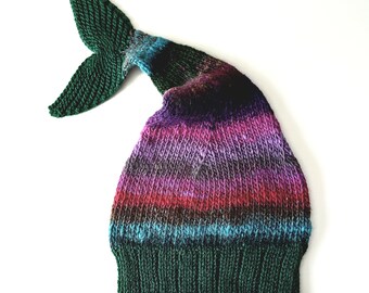 Fish Tail Hat, Wool Stocking Hat, Mermaid Tail, One Size Kids Large to Adult