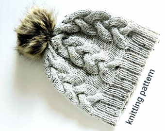 Knitting Pattern - Braided Cable Beanie, Instant Download PDF Instructions for 3 sizes: toddler, kids and adult hat