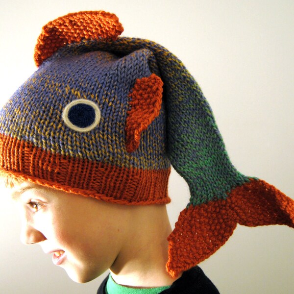 Wool Fish Hat,  READY TO SHIP, Orange Trim Rainbow Fish Hat, Childrens Wool Fish Hat