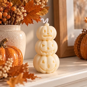 Pumpkin Candle, Stacked Jack O Lantern Soy Candle, Apple Ginger Scent, White Halloween Decor, Fall Gift