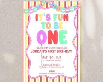 Fun to Be One Birthday Invitation | Editable Canva Template (Digital Download)